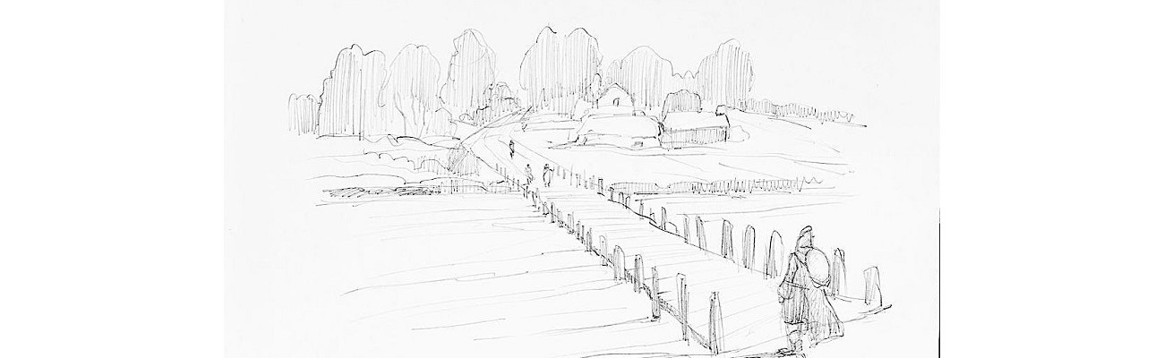 Canterbury pilgrims crossing at Hullbridge - sketch by Graham Larwood